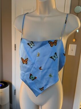 SHEIN Blue Butterfly Satin Handkerchief Crop Top